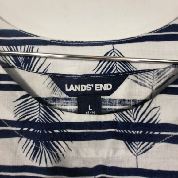 Lands' End Linen Shirt Women Large Tropical Short Sleeve Blouse Blue White Palms - Picture 5 of 8